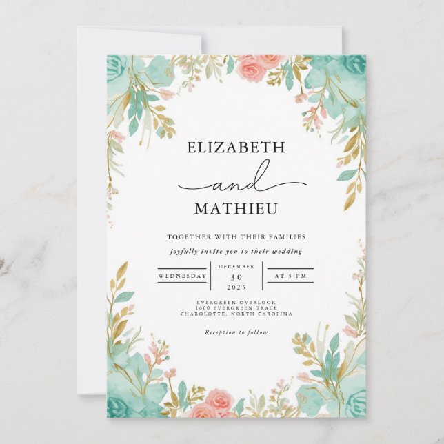 Invitation Mariage d'archivage turquoise et en fleur de corai (Devant)