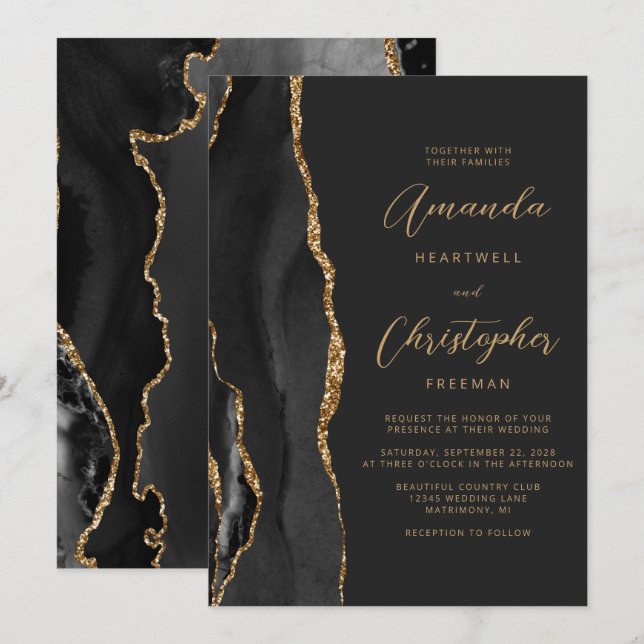 Invitation Mariage d'ardoise de script d'agate d'or noir mode (Devant / Derrière)