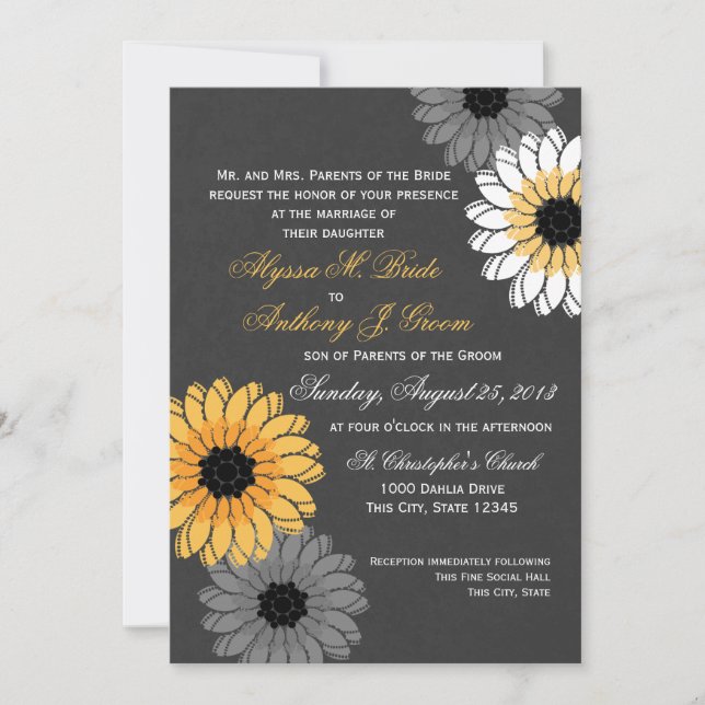 Invitation Mariage d'ardoise et de fleurs gris et jaunes (Devant)