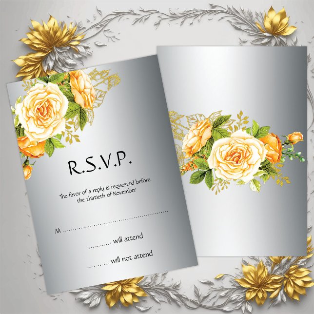 Invitation Mariage d'argent et de roses jaunes RSVP (Créateur téléchargé)