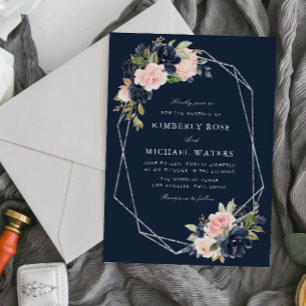 Invitation Mariage d'argent fleuri floral marine et bleu