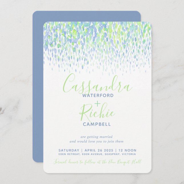 Invitation Mariage d'art bleu vert cascade (Devant / Derrière)
