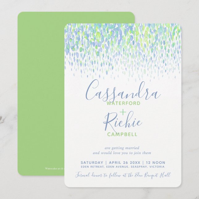 Invitation Mariage d'art bleu vert cascade (Devant / Derrière)