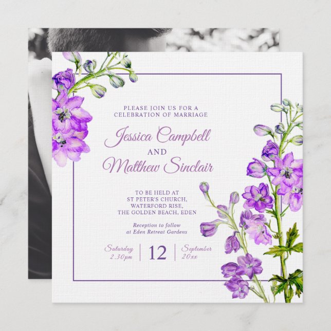 Invitation Mariage d'art de l'aquarelle violette de Delphiniu (Devant / Derrière)