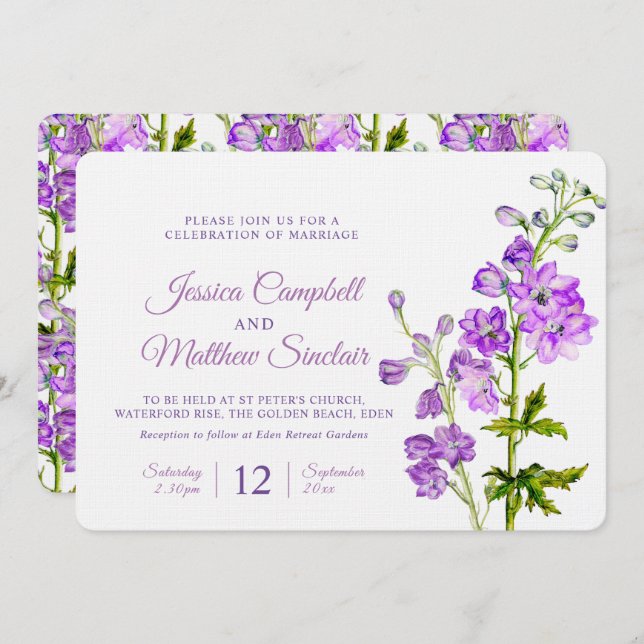 Invitation Mariage d'art de l'aquarelle violette de Delphiniu (Devant / Derrière)