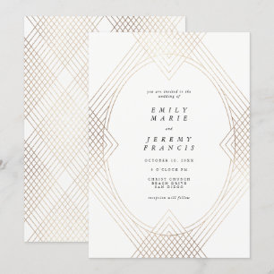 Invitation Mariage d'Art Déco Géométrique Ovale Blanc Or