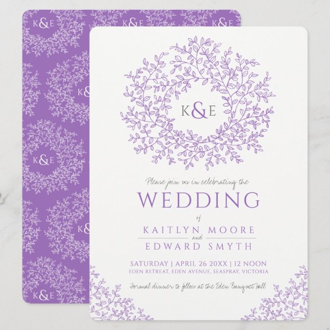 Invitation Mariage d'art en monogramme de feuille à main viol (Devant / Derrière)