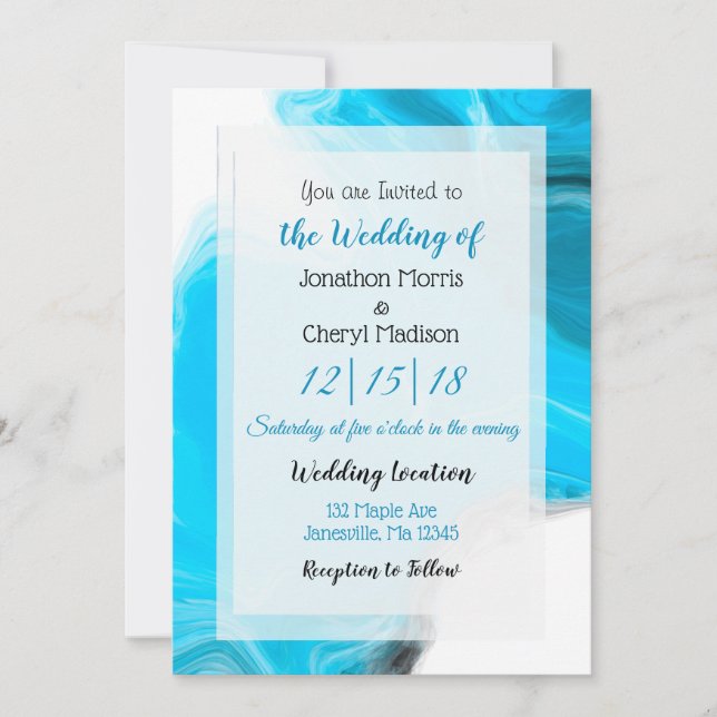 Invitation Mariage d'art fluide bleu et Marbre blanc (Devant)