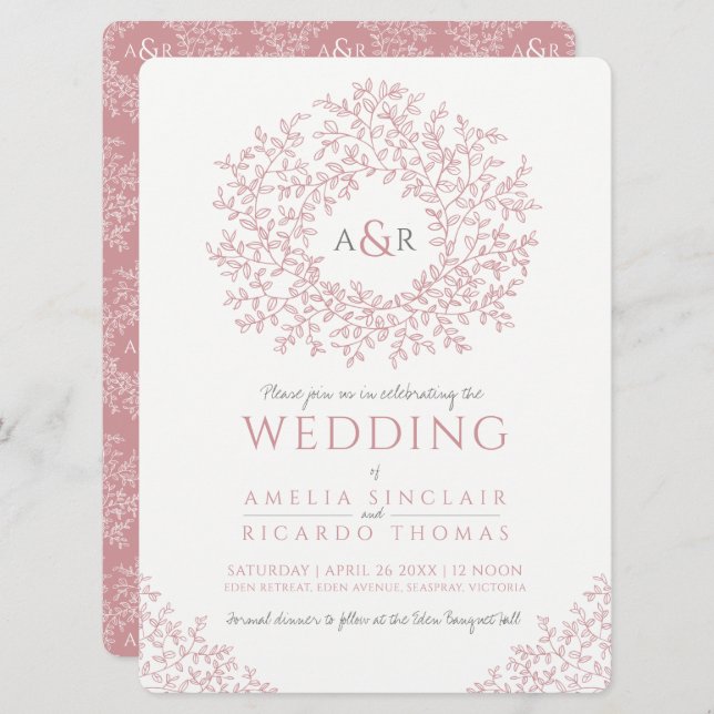 Invitation Mariage d'art monogramme en feuille rose pâle (Devant / Derrière)