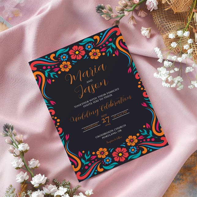 Invitation Mariage d'art populaire traditionnel mexicain noir (Mexican Black Floral Traditional Folk Art Wedding Invitation)