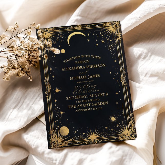 Invitation Mariage d'astronomie de la Lune d'or noir céleste (Créateur téléchargé)