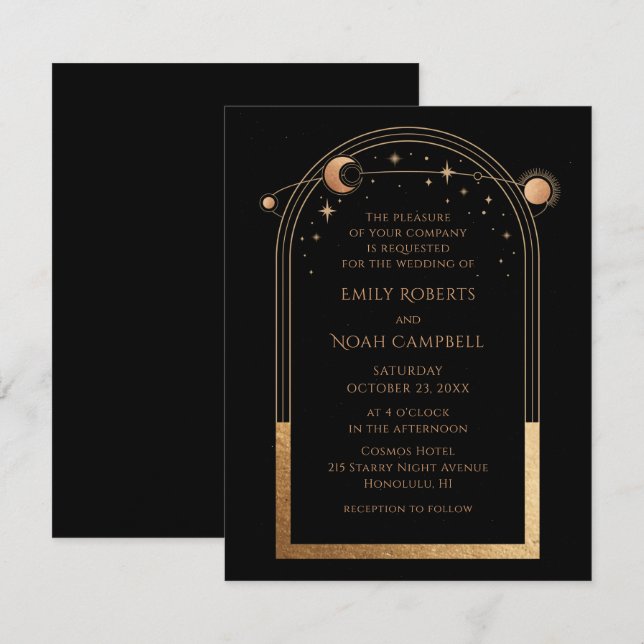 Invitation Mariage d'astronomie mystique Black Gold Sun Moon (Devant / Derrière)