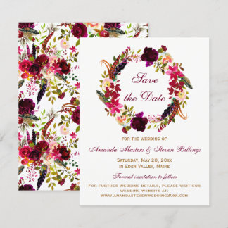 Invitation Mariage Date à retenir - Floral Bordeaux, Plumes