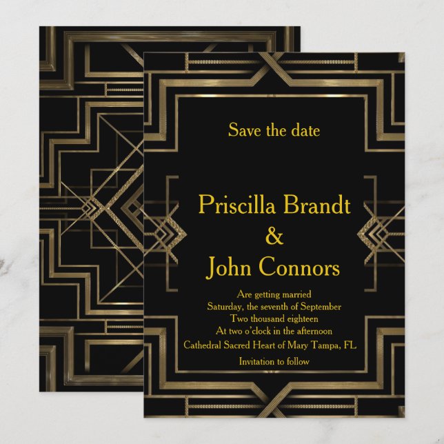 Invitation Mariage, Date à retenir, noir et or, Gatsby le Mag (Devant / Derrière)