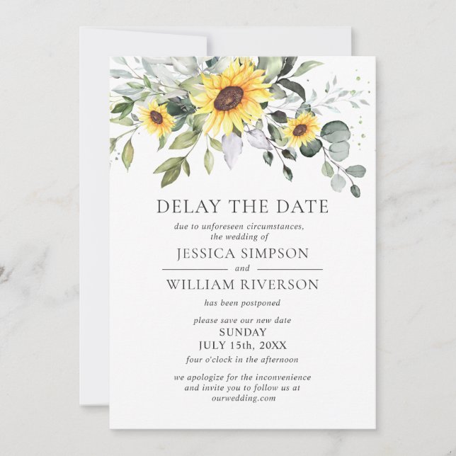 Invitation Mariage Date de report Eucalyptus tournesols (Devant)