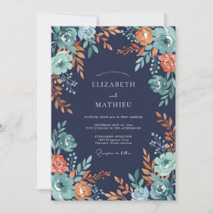 Invitation Mariage d'automne aux fleurs de corail sarcelle