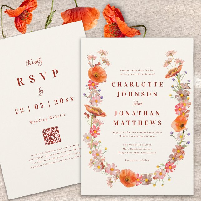 Invitation Mariage d'automne bohème aux fleurs sauvages (Boho dried flowers fall wedding invitation with qr code)