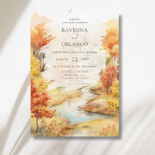 Invitation Mariage d'automne élégant en forêt rouge au bord d