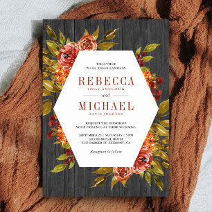 Invitation Mariage d'automne floral bois gris orange brûlé