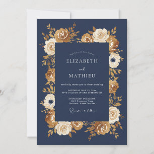 Invitation Mariage d'automne floral doré marine