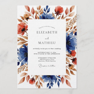 Invitation Mariage d'automne floral marine et rouille