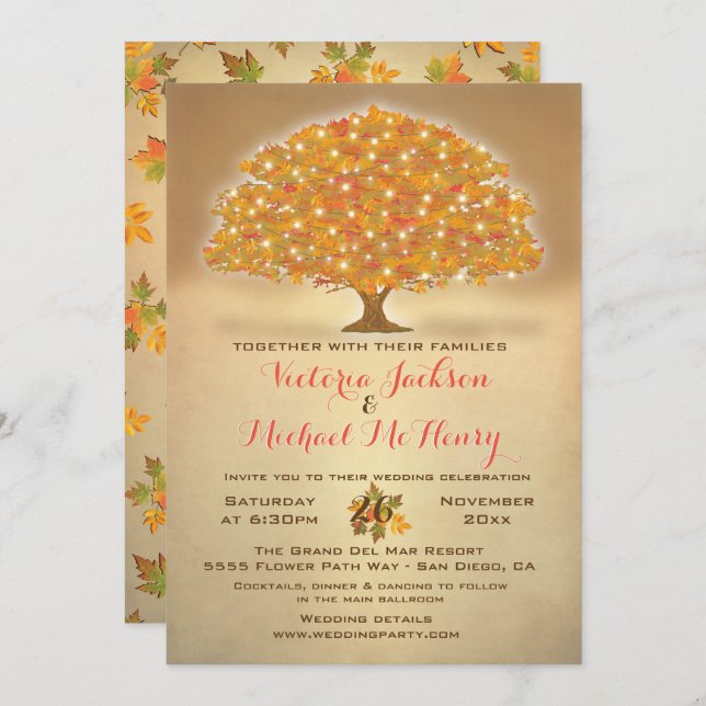 Invitation Mariage d'automne rustique aux lumières scintillan (Devant / Derrière)