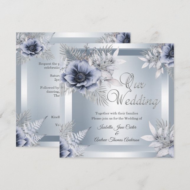 Invitation Mariage d'automne Silver Blue Floral Bouquet (Devant / Derrière)