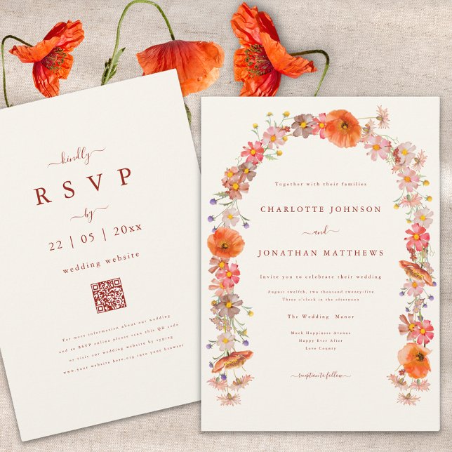 Invitation Mariage de automne Arch Fleur sauvage Boho (Boho wildflower arch fall wedding invitation with burnt orange script and qr code)