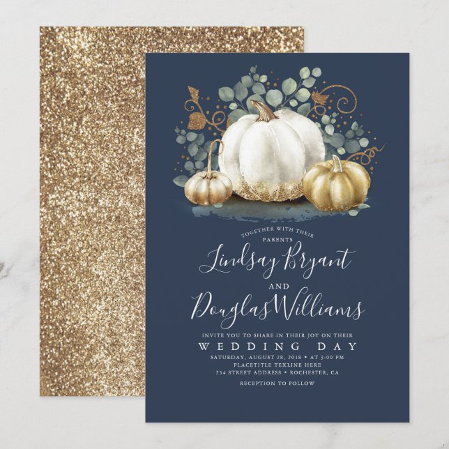 Invitation Mariage de automne bleu marine russe Citrouille bl (Devant / Derrière)
