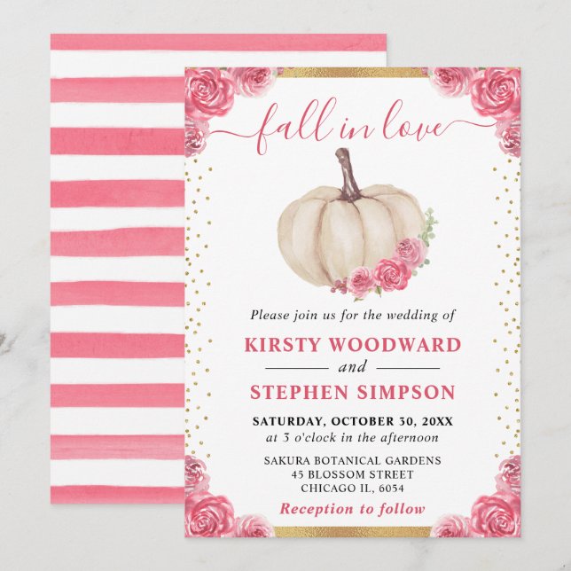 Invitation Mariage de automne Citrouille rose et blanc (Devant / Derrière)