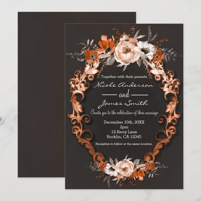 Invitation Mariage de automne d'automne Orange Floral Fleurs  (Devant / Derrière)