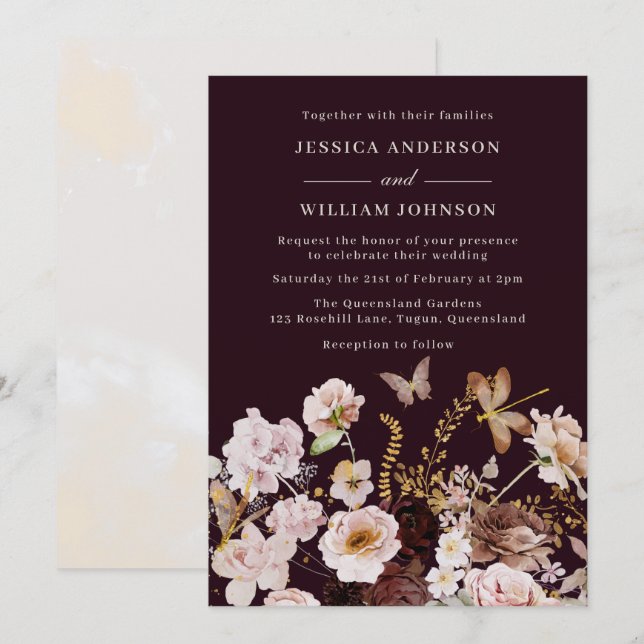 Invitation Mariage de automne de papillons floraux bleus et b (Devant / Derrière)