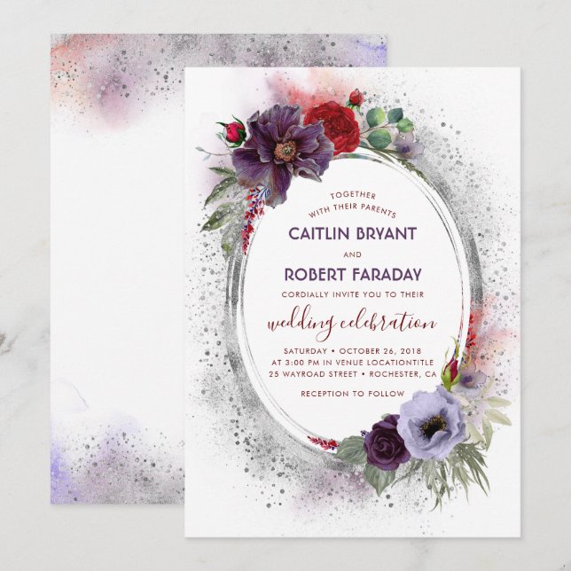 Invitation Mariage de automne de pivoine gris violet gris arg (Devant / Derrière)