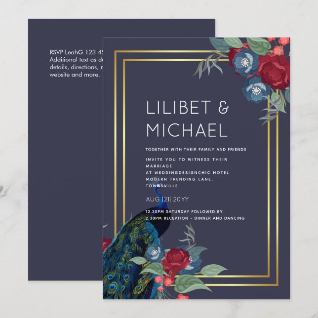 Invitation Mariage de automne d'hiver Peacock Blue Burgundy (Devant / Derrière)