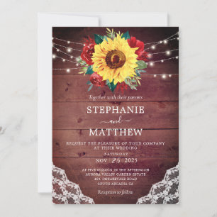 Invitation Mariage de automne en bois dentelle rouge tourneso