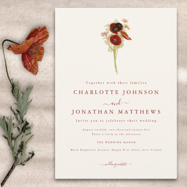 Invitation Mariage de automne Fleur sauvage Boho simple (Minimalist boho wildflower fall wedding invitation in earthy tones )