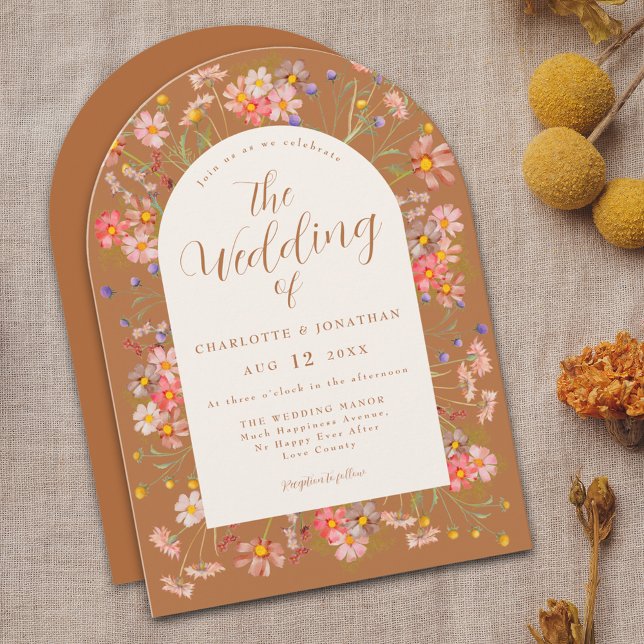 Invitation Mariage de automne Fleur sauvage en terre cuite (Boho fall wildflower arch elegant script terracotta burnt orange wedding invitation )