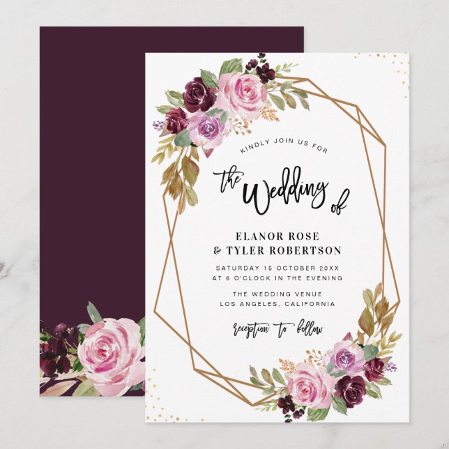 Invitation mariage de automne floral à aquarelle violette (Devant / Derrière)