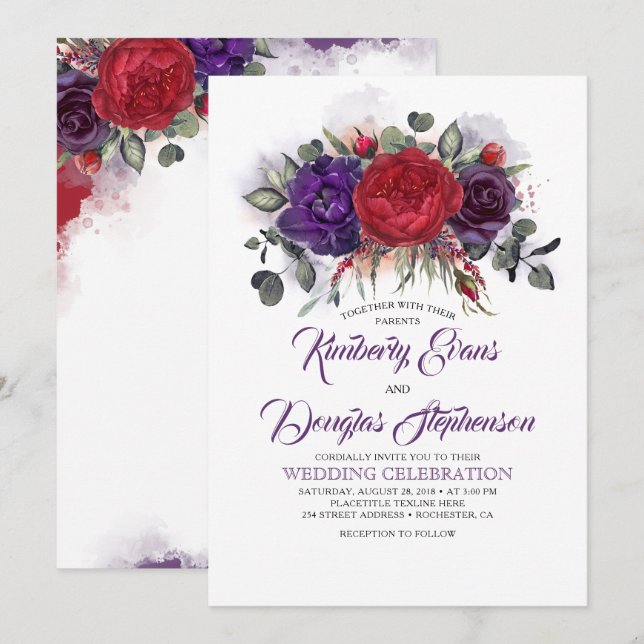 Invitation Mariage de automne floral d'aubergine pourpre et b (Devant / Derrière)