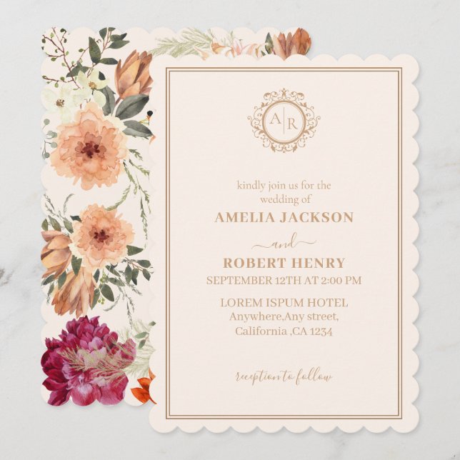 Invitation Mariage de automne floral d'ivoire moderne (Devant / Derrière)
