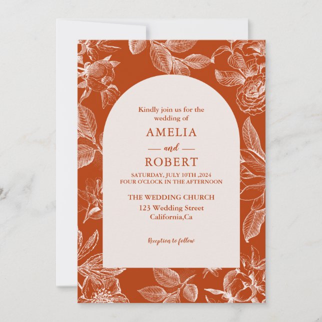 Invitation Mariage de automne floral en ivoire orange brûlé e (Devant)