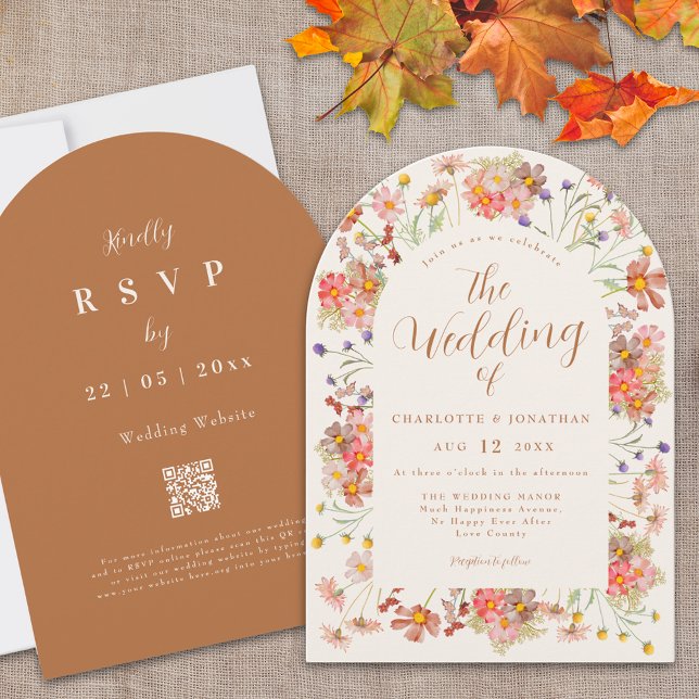 Invitation Mariage de automne floral en terre cuite Boho (Boho fall floral arch qr code Wedding invitation Watercolor wildflowers elegant script terracotta)