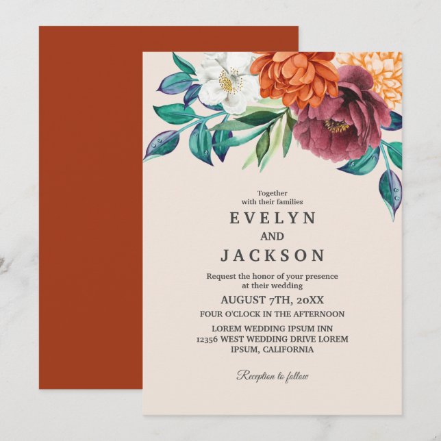 Invitation Mariage de automne floral orange en terre cuite br (Devant / Derrière)