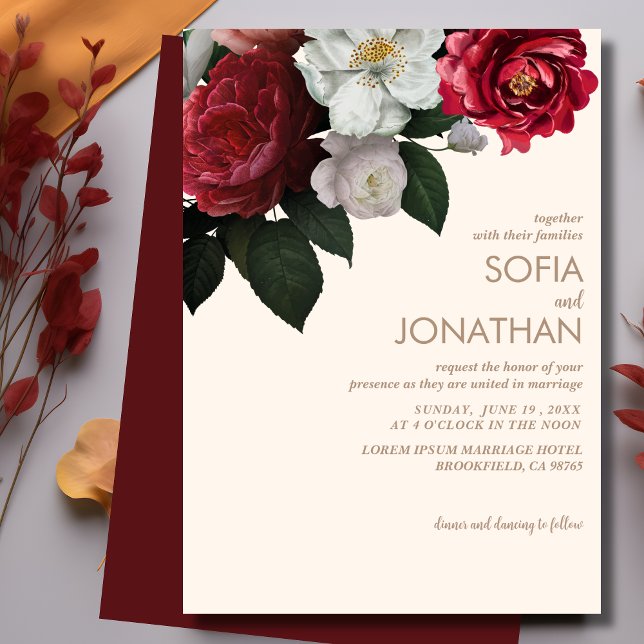 Invitation Mariage de automne floral rustique moderne Maroon (Créateur téléchargé)