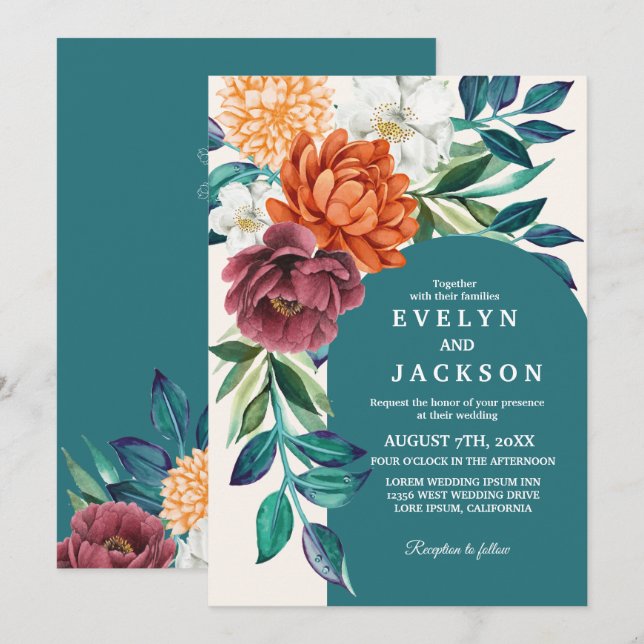 Invitation Mariage de automne floral Turquoise moderne (Devant / Derrière)