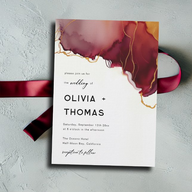 Invitation Mariage de automne moderne Burgundy Orange Or élég (burgundy orange fall wedding invitation modern minimalist elegant bohemian romantic beach waves)