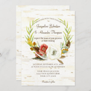 Invitation Mariage de automne Wreath Boho Feather Birk Bark P