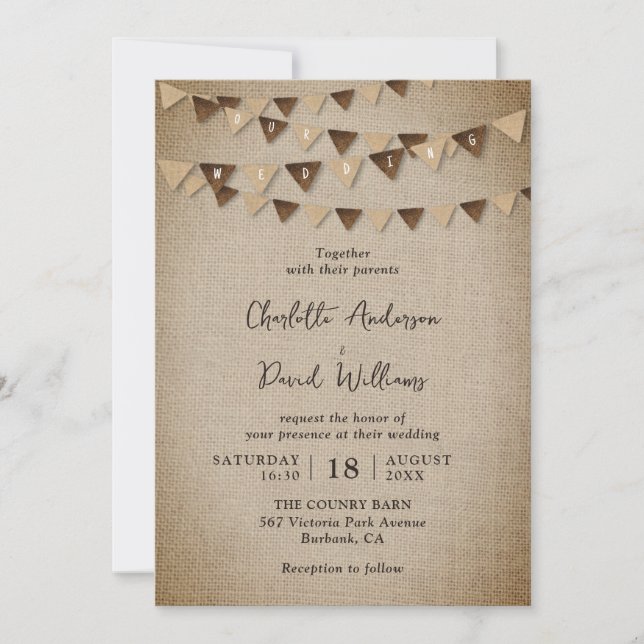 Invitation Mariage de bannières Burlap rustique (Devant)