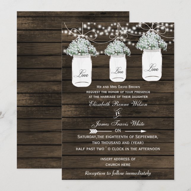Invitation Mariage de bébé Barnwood en maçonnerie de souffle  (Devant / Derrière)