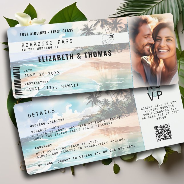 Invitation Mariage de billet d'avion de destination Tropical  (destination wedding tropical beach boarding pass photo wedding invitation palm tree ocean pastel)